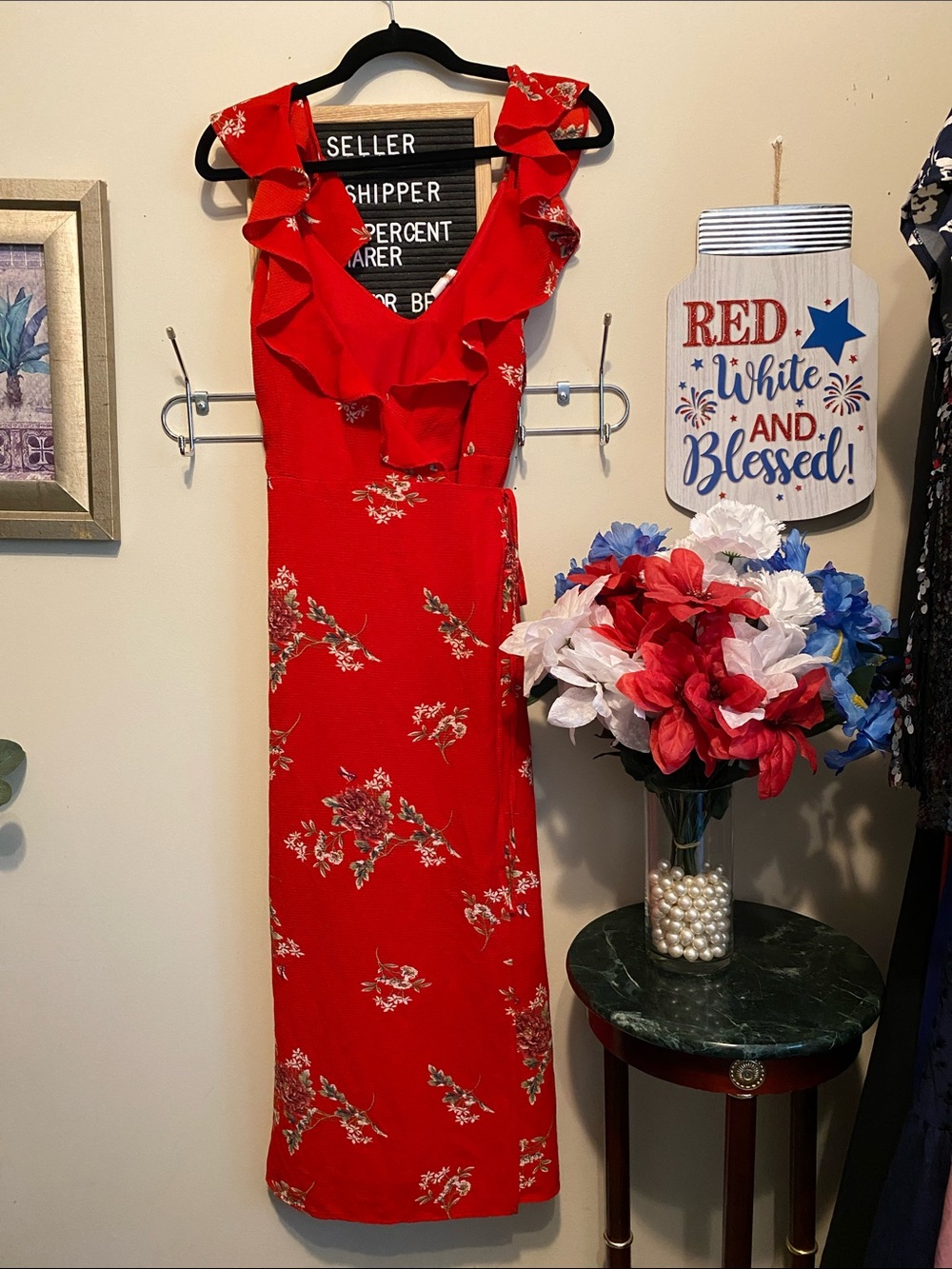 Blue Blush Wrap Style Dress in Red Floral Ruffle Midi Length Size Small.